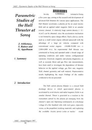 Parametric Studies of the Hall Thruster at Soreq