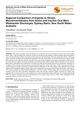 Regional Comparison of Impacts to Stream Macroinvertebrates from Active and Inactive Coal Mine Wastewater Discharges, Sydney Basin, New South Wales Australia