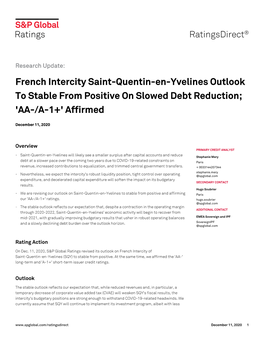 French Intercity Saint-Quentin-En-Yvelines Outlook to Stable from Positive on Slowed Debt Reduction; 'AA-/A-1+' Affirmed