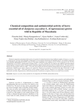 Chemical Composition and Antimicrobial Activity of Berry Essential Oil of Juniperus Oxycedrus L. (Cupressaceae) Grown Wild in Republic of Macedonia