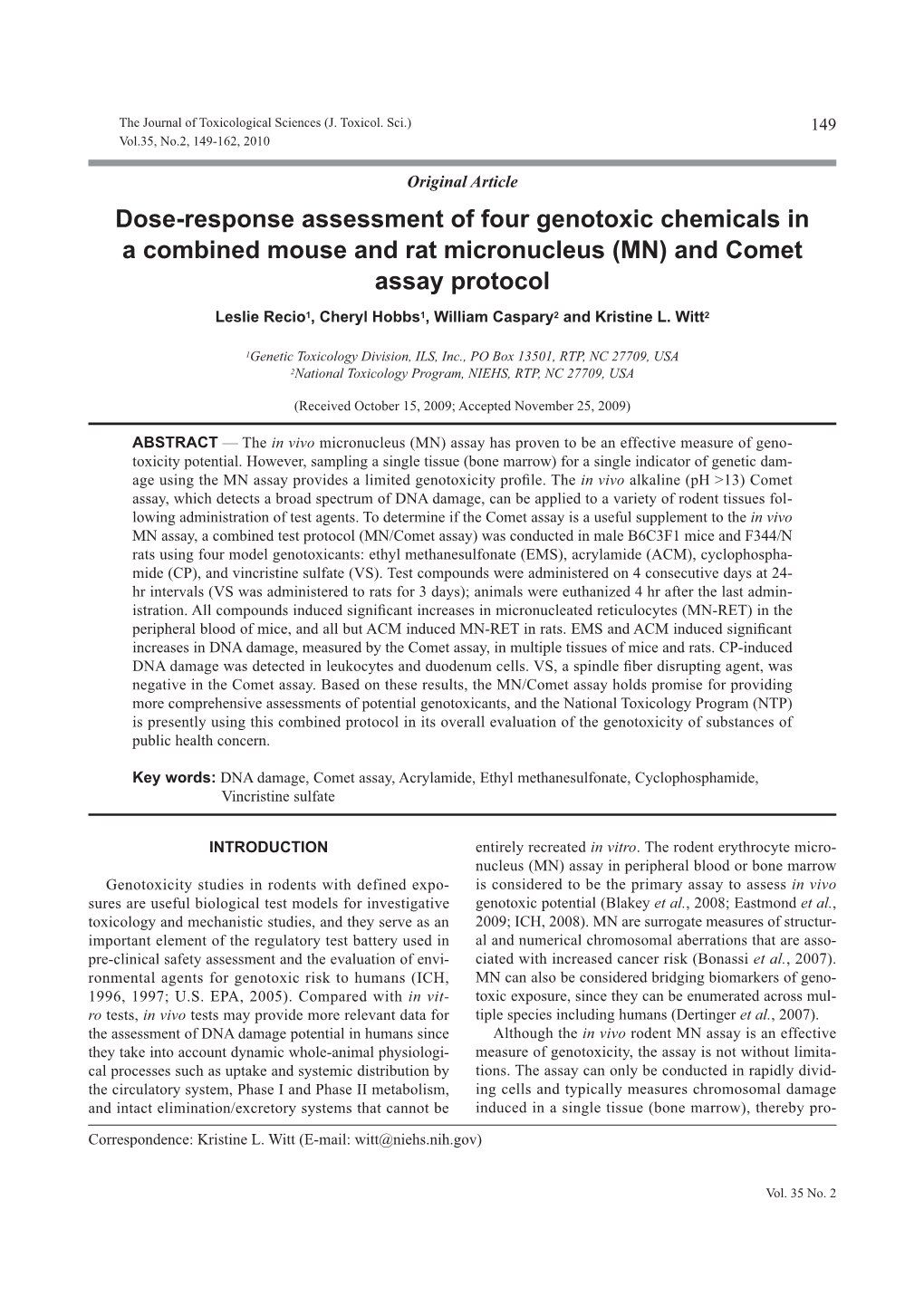 Dose-Response Assessment of Four Genotoxic Chemicals in a Combined Mouse and Rat Micronucleus (MN) and Comet Assay Protocol