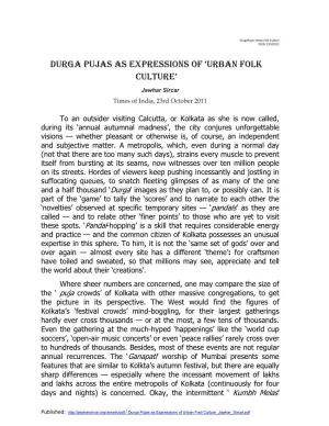 Durga Pujas As Expressions of 'Urban Folk Culture'