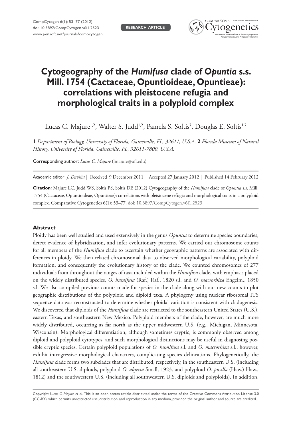 Cytogeography of the Humifusa Clade of Opuntia S.S. Mill. 1754