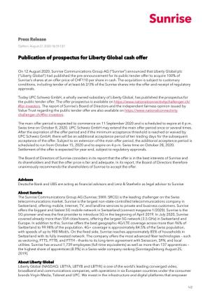 Publication of Prospectus for Liberty Global Cash Offer