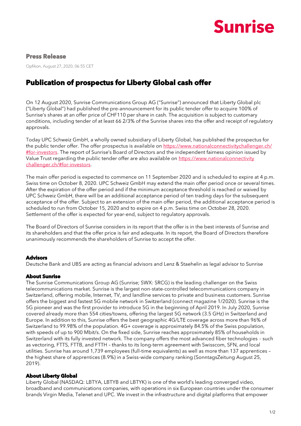 Publication of Prospectus for Liberty Global Cash Offer