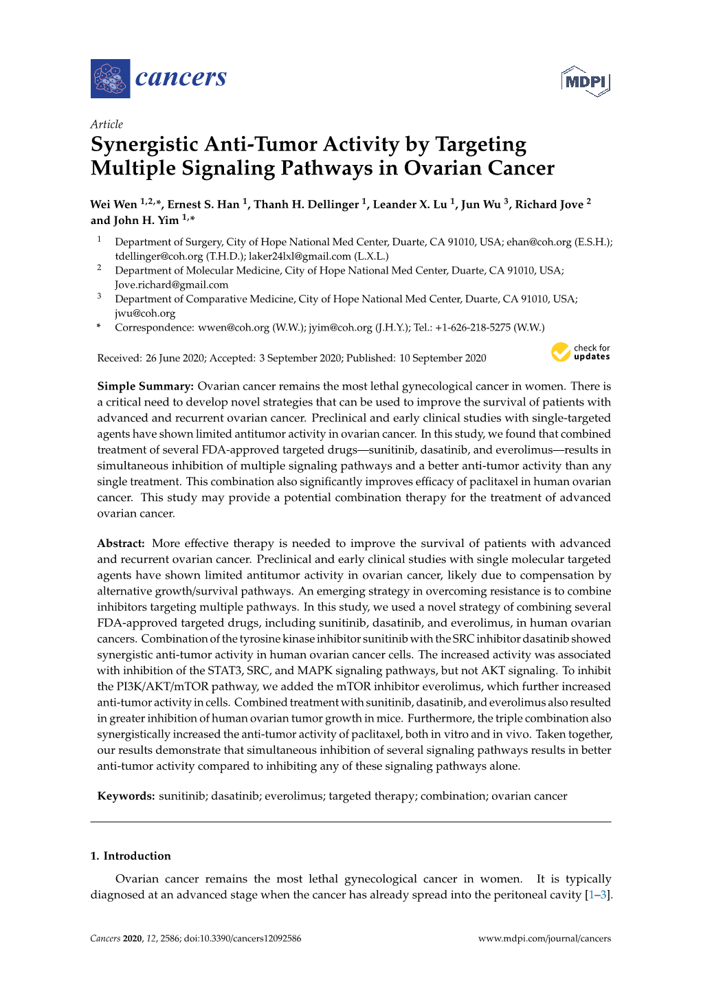 Synergistic Anti-Tumor Activity by Targeting Multiple Signaling Pathways in Ovarian Cancer