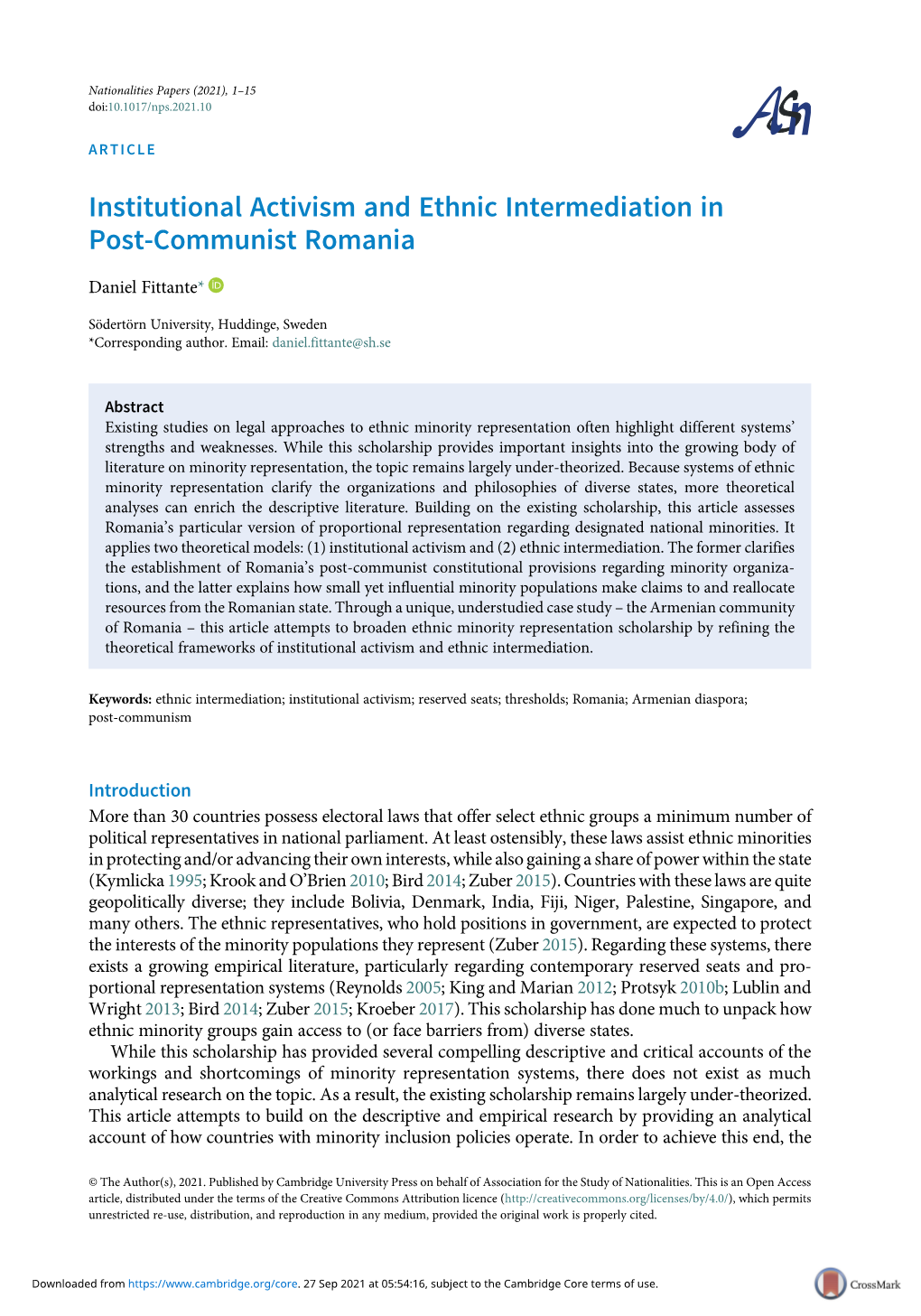 Institutional Activism and Ethnic Intermediation in Post-Communist Romania