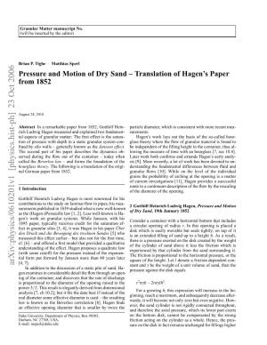 Pressure and Motion of Dry Sand – Translation of Hagen's Paper From