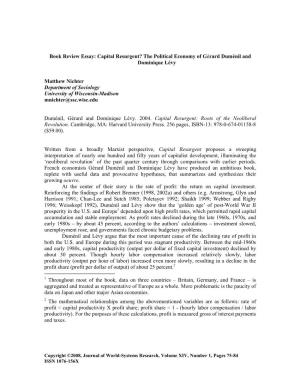 Book Review Essay: Capital Resurgent? the Political Economy of Gérard Duménil and Dominique Lévy Matthew Nichter Department O