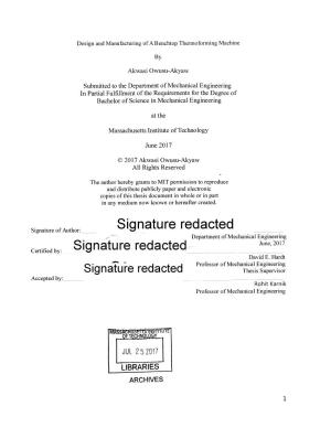 Signature Redacted Department of Mechanical Engineering June, 2017 Certified By: Signature Redacted