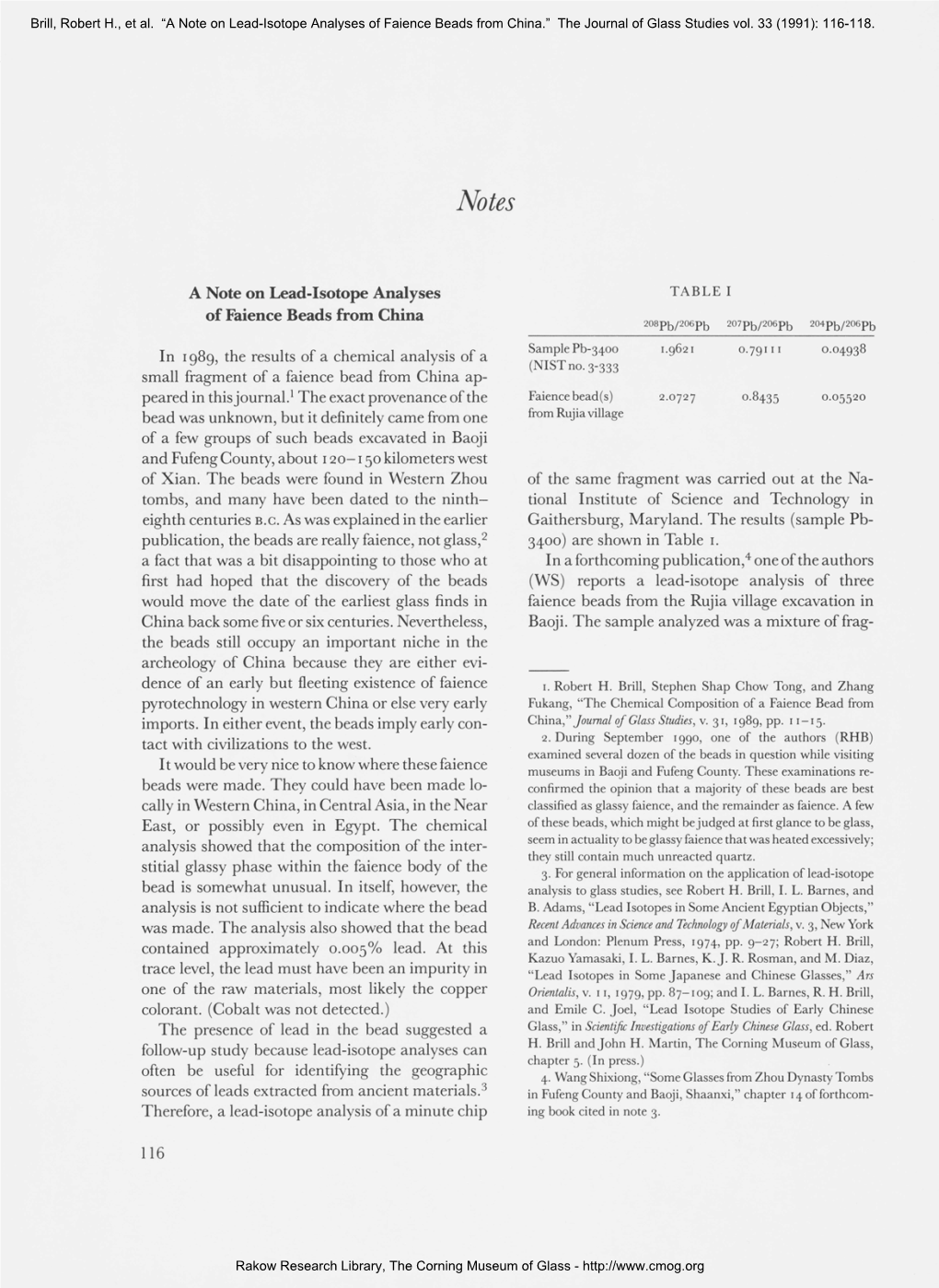 A Note on Lead-Isotope Analyses of Faience Beads from China.” the Journal of Glass Studies Vol