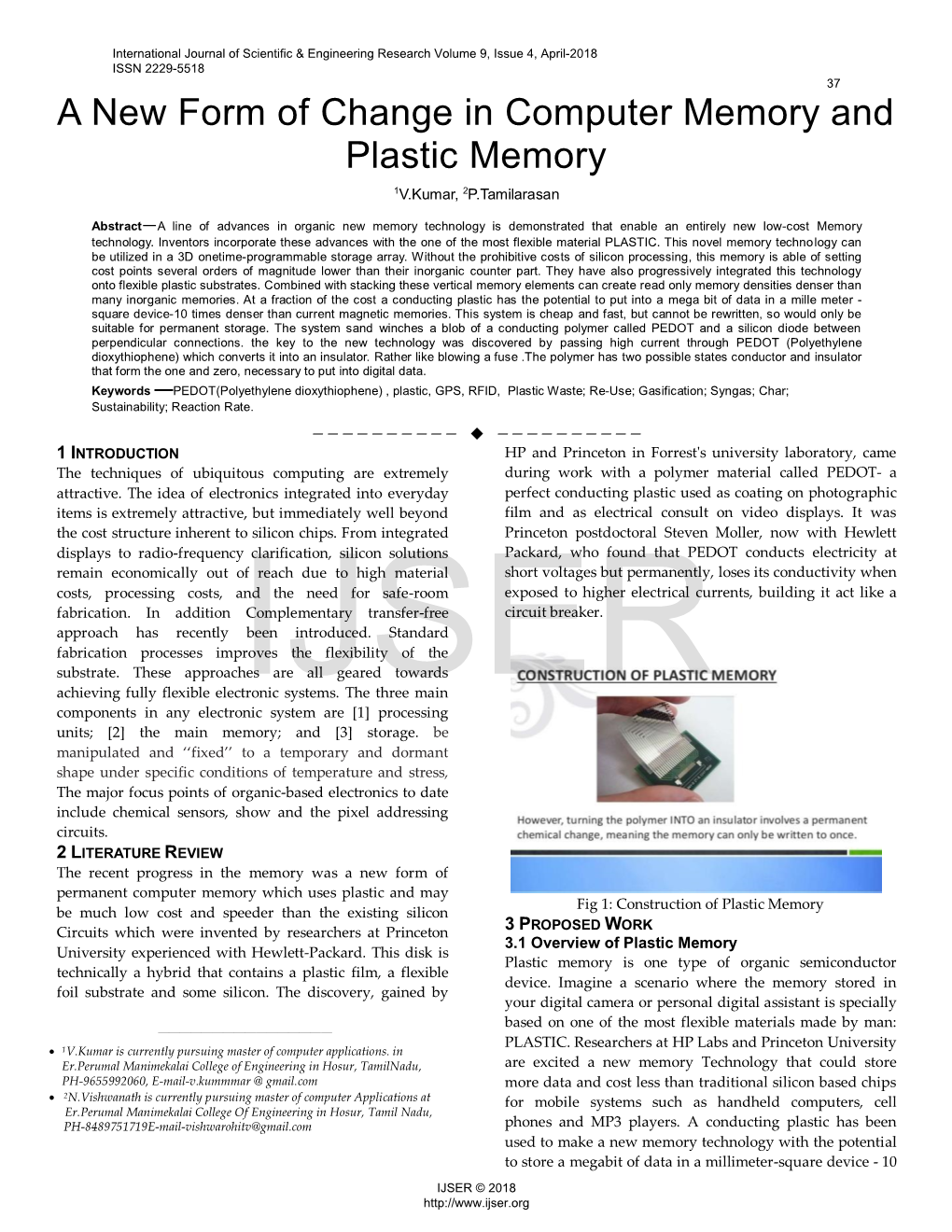 A New Form of Change in Computer Memory and Plastic Memory 1V.Kumar, 2P.Tamilarasan