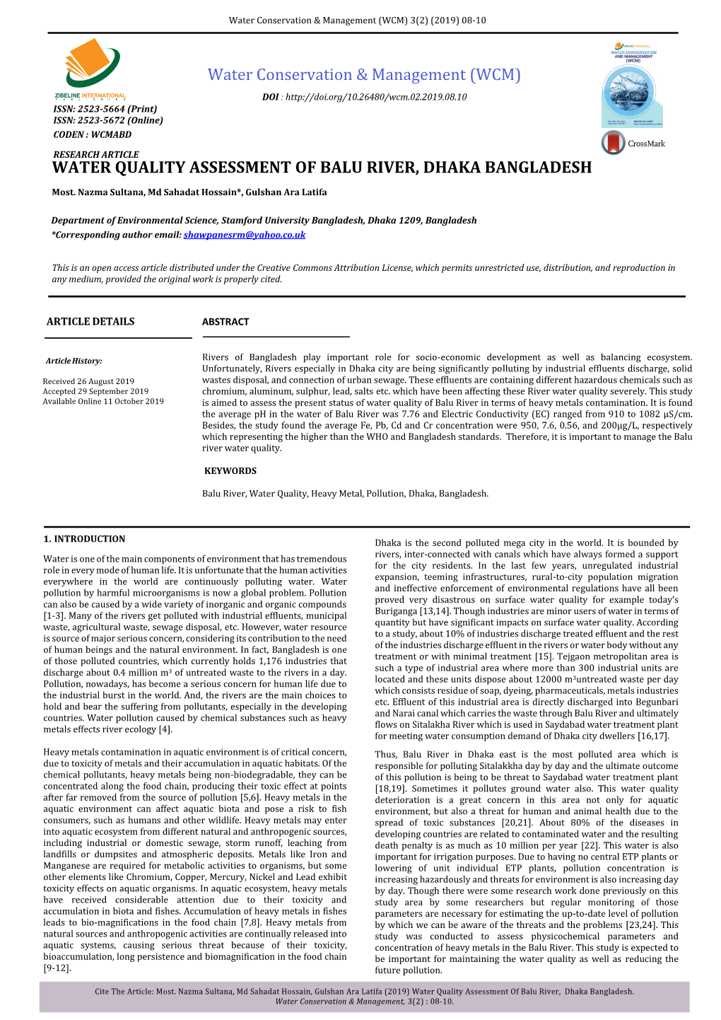 Water Quality Assessment of Balu River, Dhaka Bangladesh