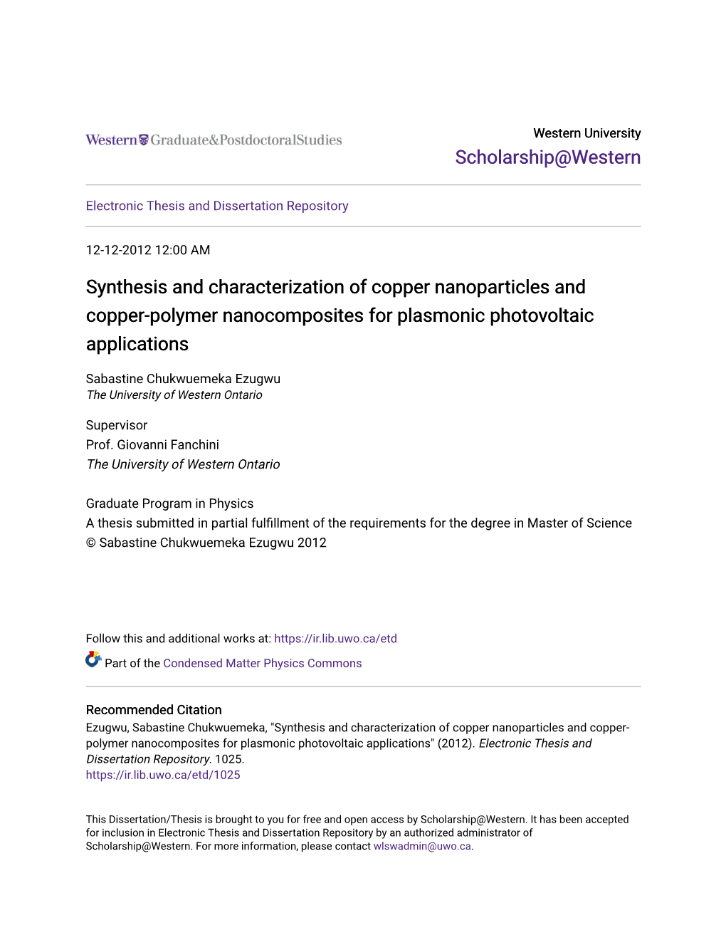 Synthesis and Characterization of Copper Nanoparticles and Copper-Polymer Nanocomposites for Plasmonic Photovoltaic Applications