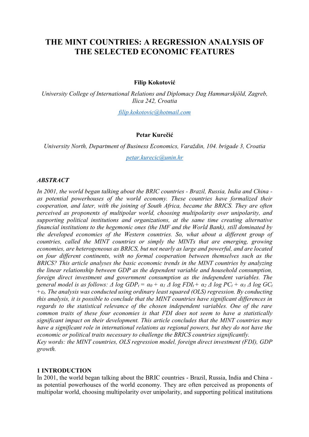 The Mint Countries: a Regression Analysis of the Selected Economic Features