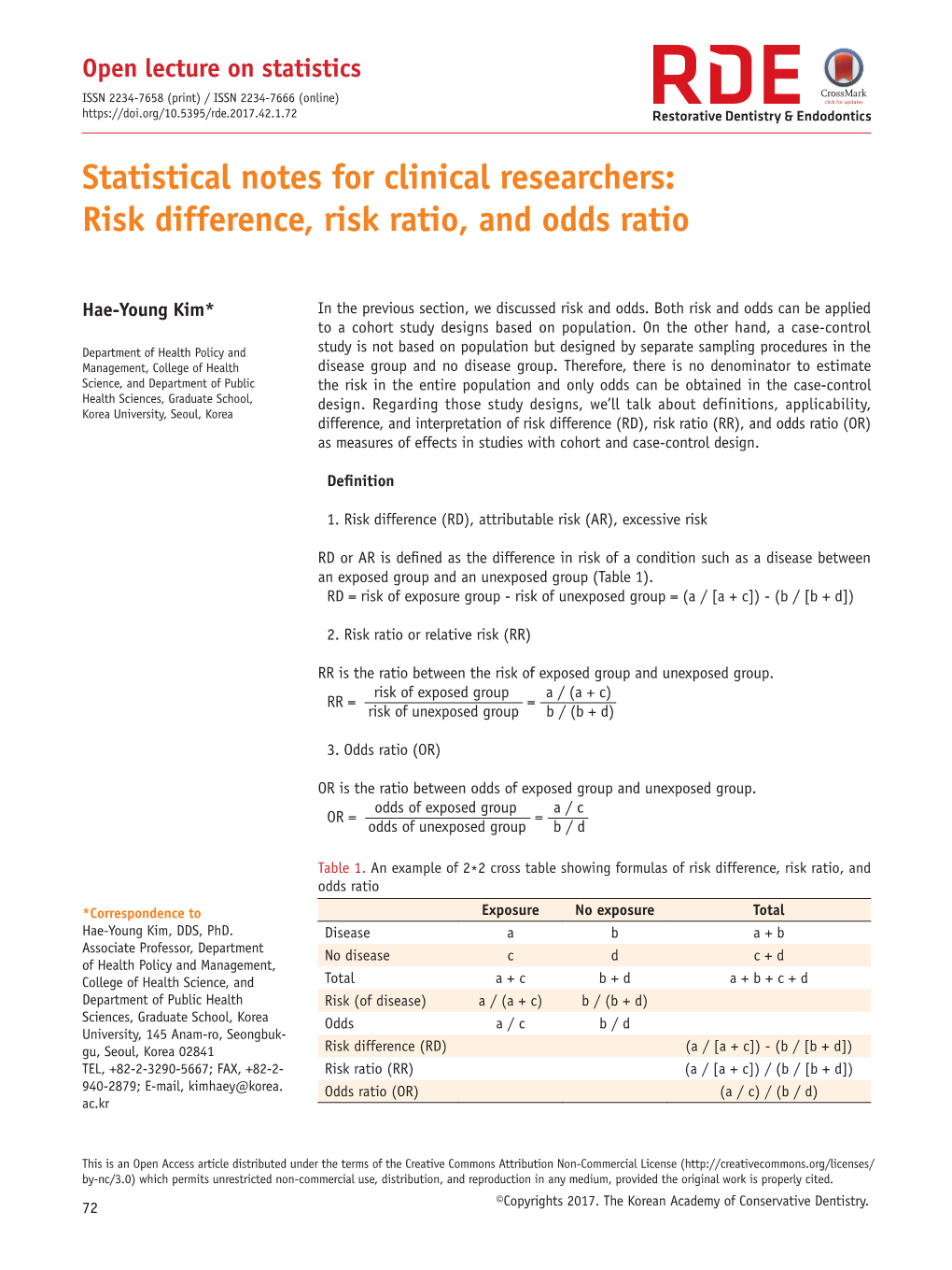 Statistical Notes for Clinical Researchers: Risk Difference, Risk Ratio, and Odds Ratio