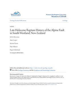 Late Holocene Rupture History of the Alpine Fault in South Westland, New Zealand Kelvin Berryman