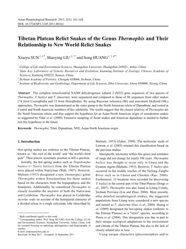 Tibetan Plateau Relict Snakes of the Genus Thermophis and Their Relationship to New World Relict Snakes