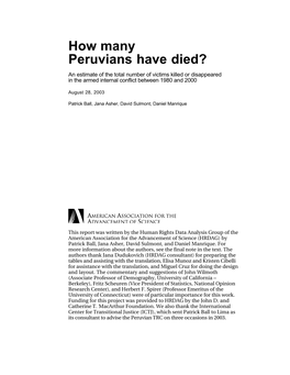 How Many Peruvians Have Died? an Estimate of the Total Number of Victims Killed Or Disappeared in the Armed Internal Conflict Between 1980 and 2000