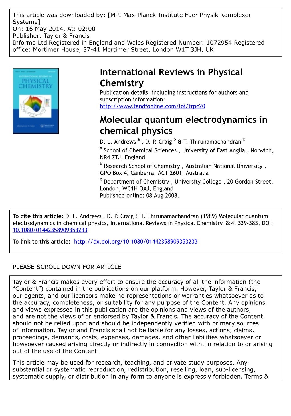 International Reviews in Physical Chemistry Molecular Quantum