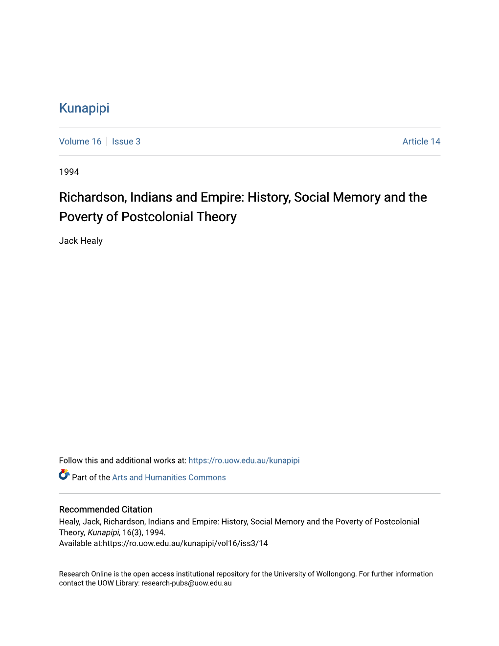 Richardson, Indians and Empire: History, Social Memory and the Poverty of Postcolonial Theory