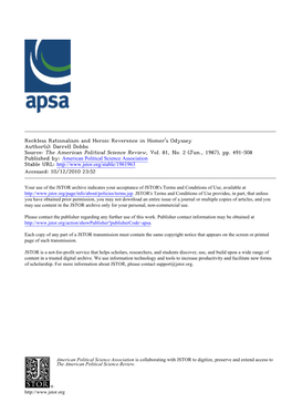 Reckless Rationalism and Heroic Reverence in Homer's Odyssey Author(S): Darrell Dobbs Source: the American Political Science Review, Vol