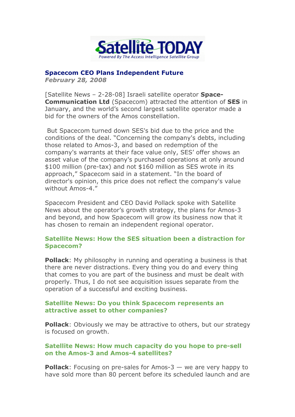 Spacecom CEO Plans Independent Future February 28, 2008 [Satellite