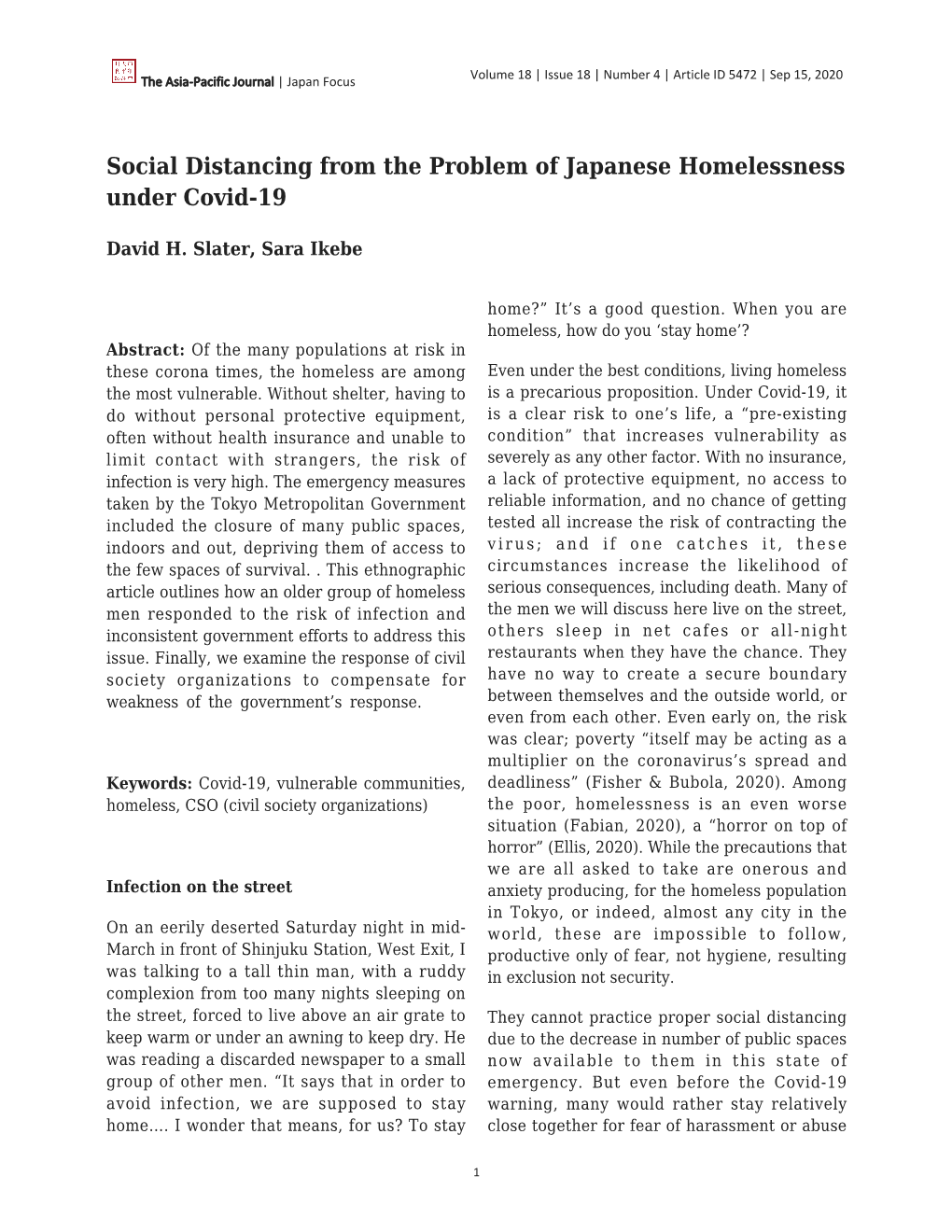 Social Distancing from the Problem of Japanese Homelessness Under Covid-19