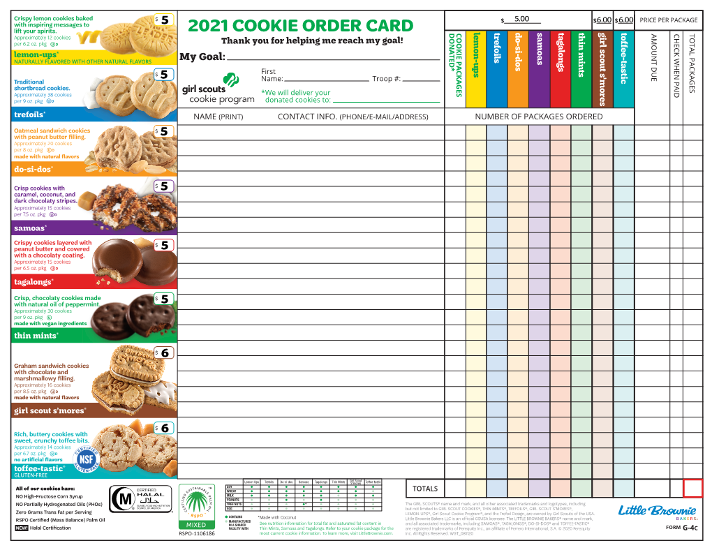 2021 COOKIE ORDER CARD AMOUNT DUE CHECK WHEN PAID TOTAL PACKAGES Approximately 12 Cookies Per 6.2 Oz