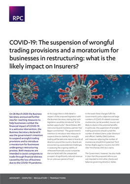 The Suspension of Wrongful Trading Provisions and a Moratorium for Businesses in Restructuring: What Is the Likely Impact on Insurers?