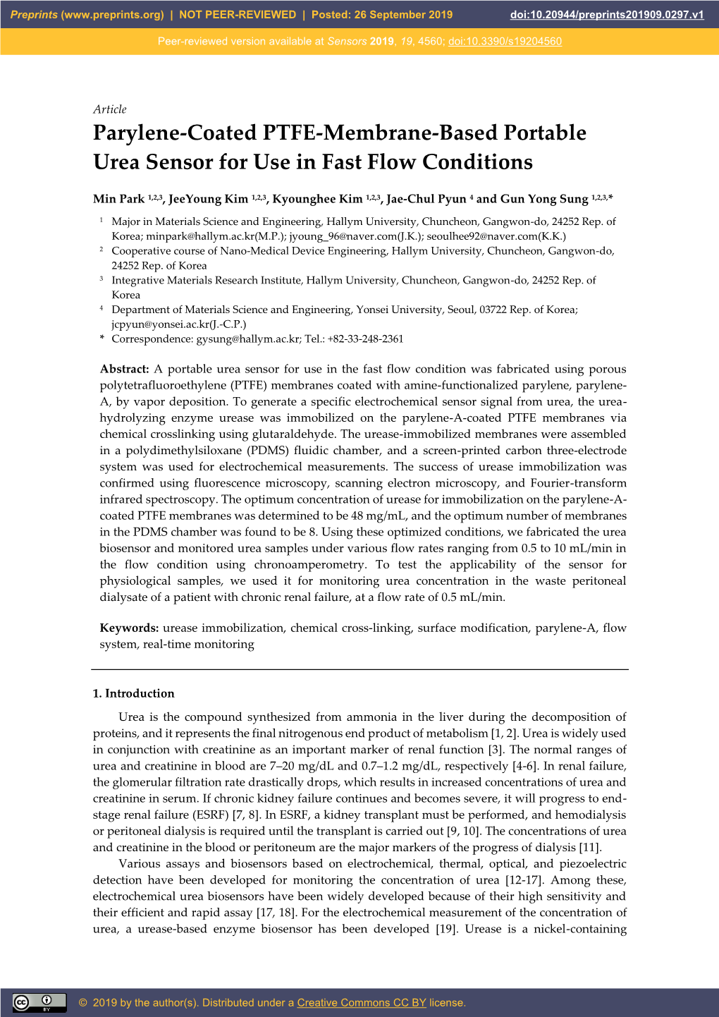 Parylene-Coated PTFE-Membrane-Based Portable Urea Sensor for Use in Fast Flow Conditions