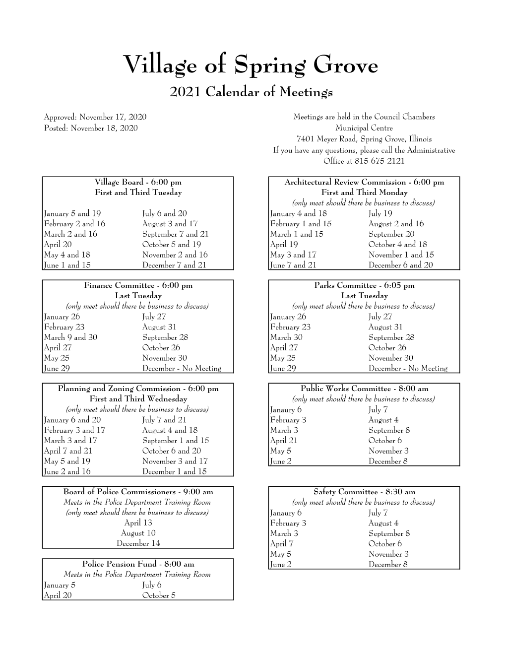 2021 Calendar of Meetings