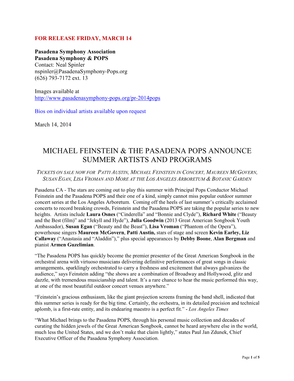 Michael Feinstein & the Pasadena Pops Announce Summer Artists and Programs