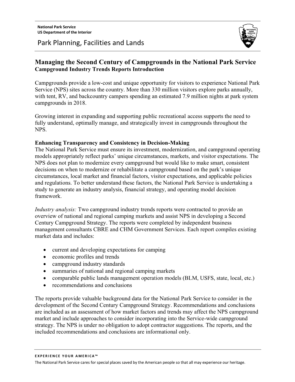 NPS Report on Campground Improvement Strategy