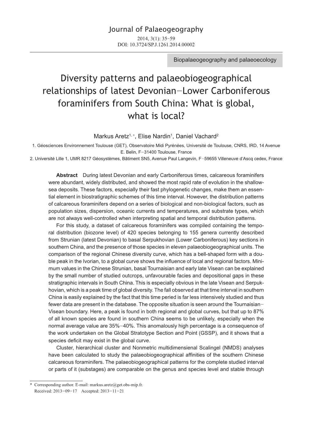 Diversity Patterns and Palaeobiogeographical Relationships of Latest Devonian-Lower Carboniferous Foraminifers from South China: What Is Global, What Is Local?