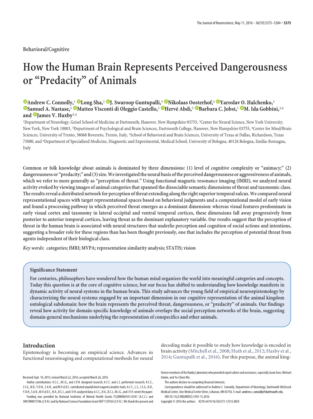 How the Human Brain Represents Perceived Dangerousness Or “Predacity” of Animals