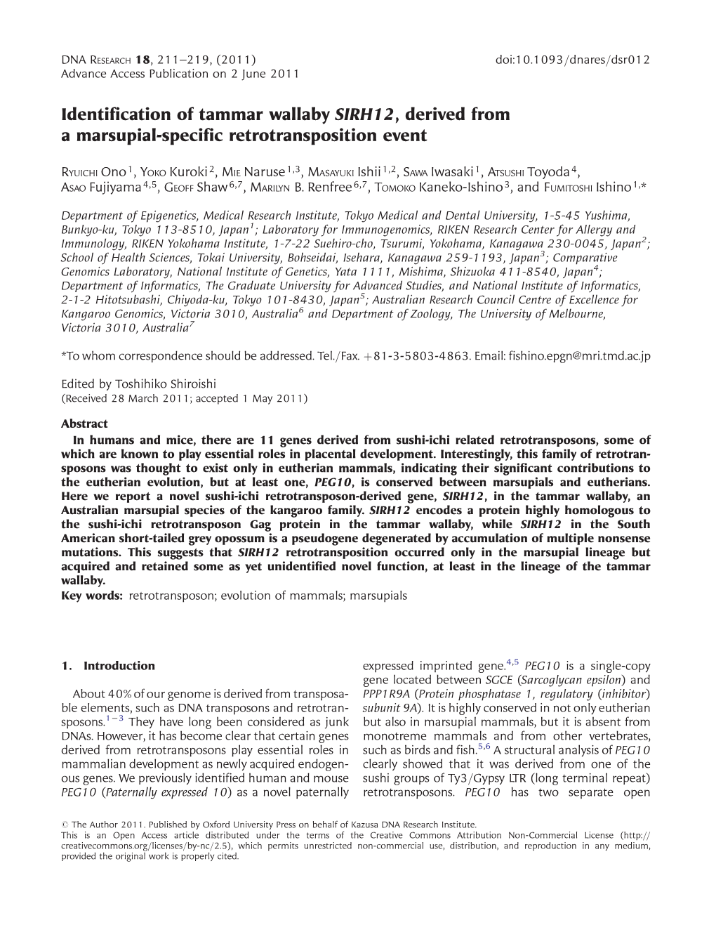 Identification of Tammar Wallaby SIRH12, Derived from a Marsupial-Specific Retrotransposition Event