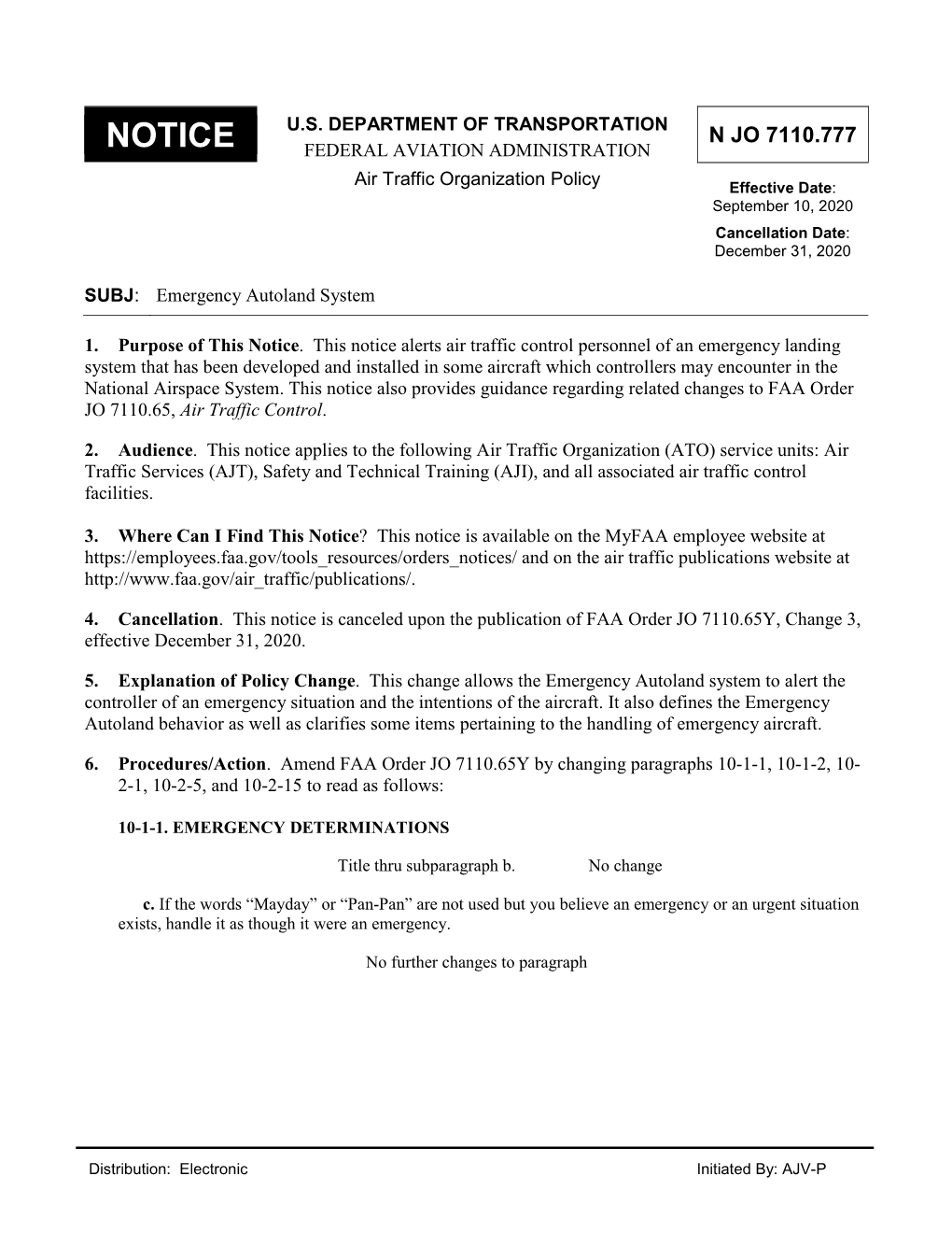 N JO 7110/777 Emergency Autoland System