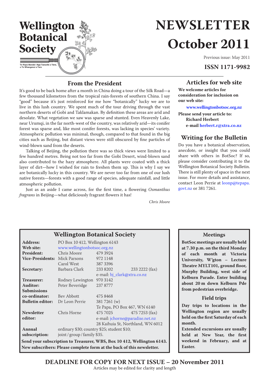 NEWSLETTER October 2011 Previous Issue: May 2011 ISSN 1171-9982
