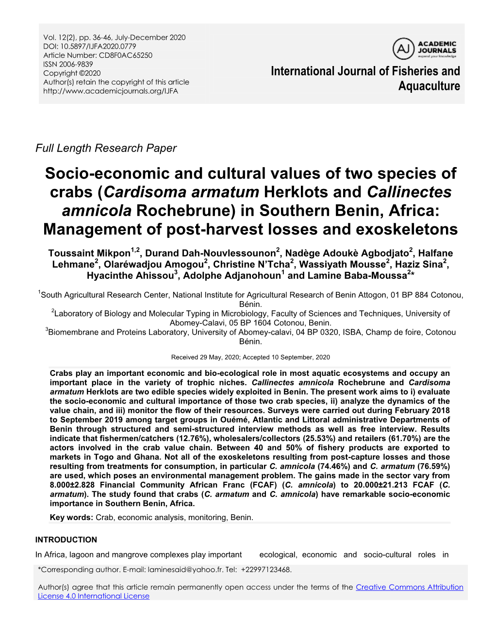 Cardisoma Armatum Herklots and Callinectes Amnicola Rochebrune) in Southern Benin, Africa: Management of Post-Harvest Losses and Exoskeletons