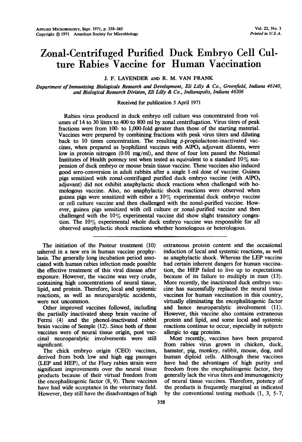 Zonal-Centrifuged Purified Duck Embryo Cell Cul- Ture Rabies Vaccine for Human Vaccination J