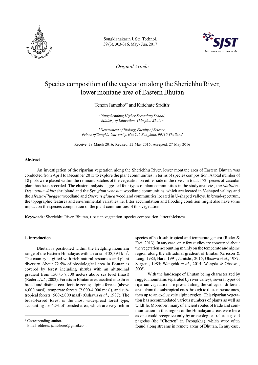 Species Composition of the Vegetation Along the Sherichhu River, Lower Montane Area of Eastern Bhutan