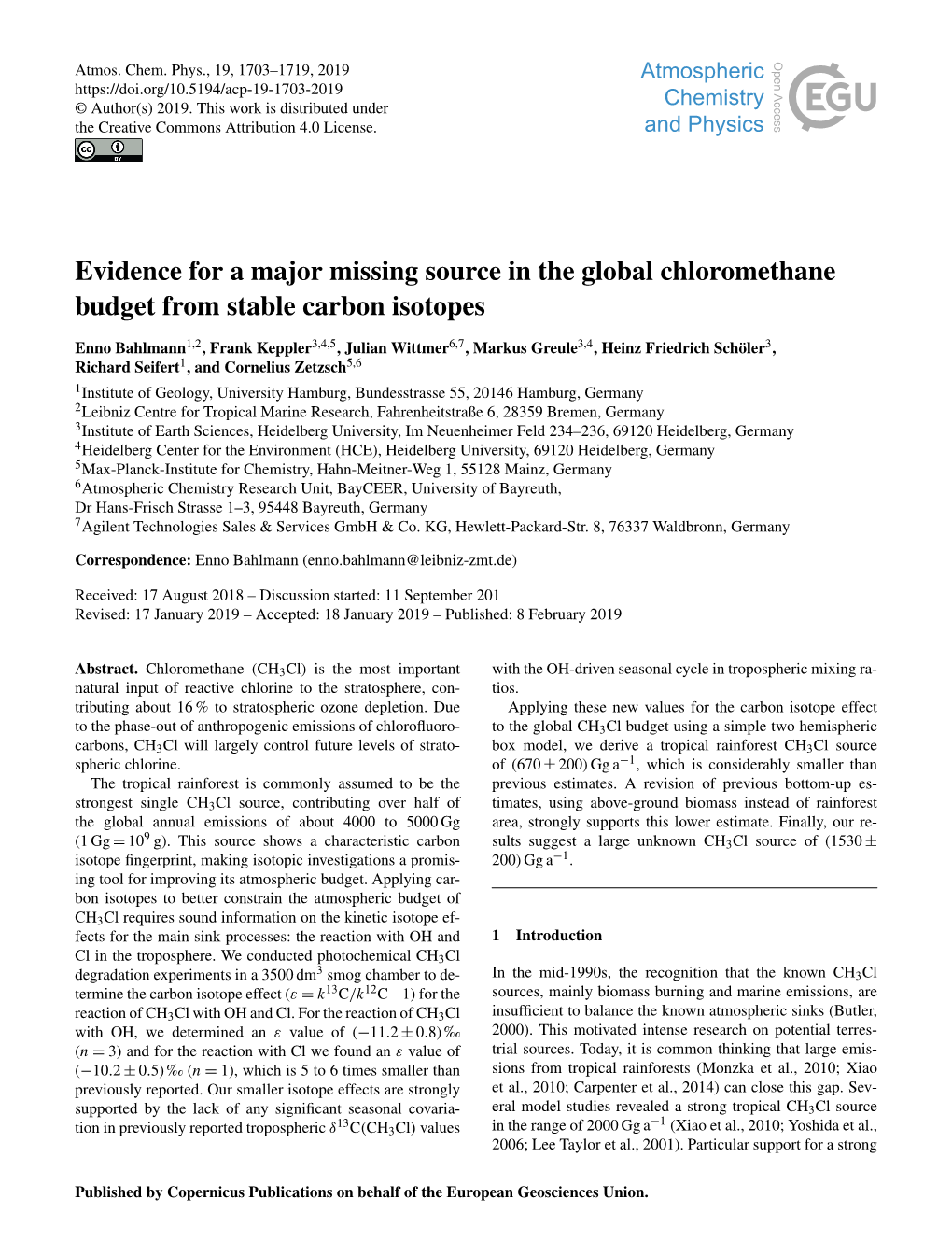 Evidence for a Major Missing Source in the Global Chloromethane Budget from Stable Carbon Isotopes