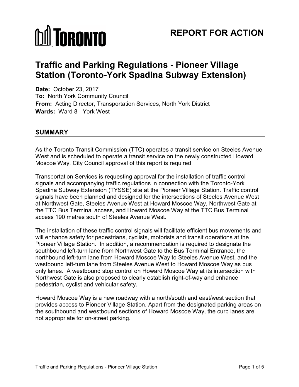 Traffic and Parking Regulations - Pioneer Village Station (Toronto-York Spadina Subway Extension)