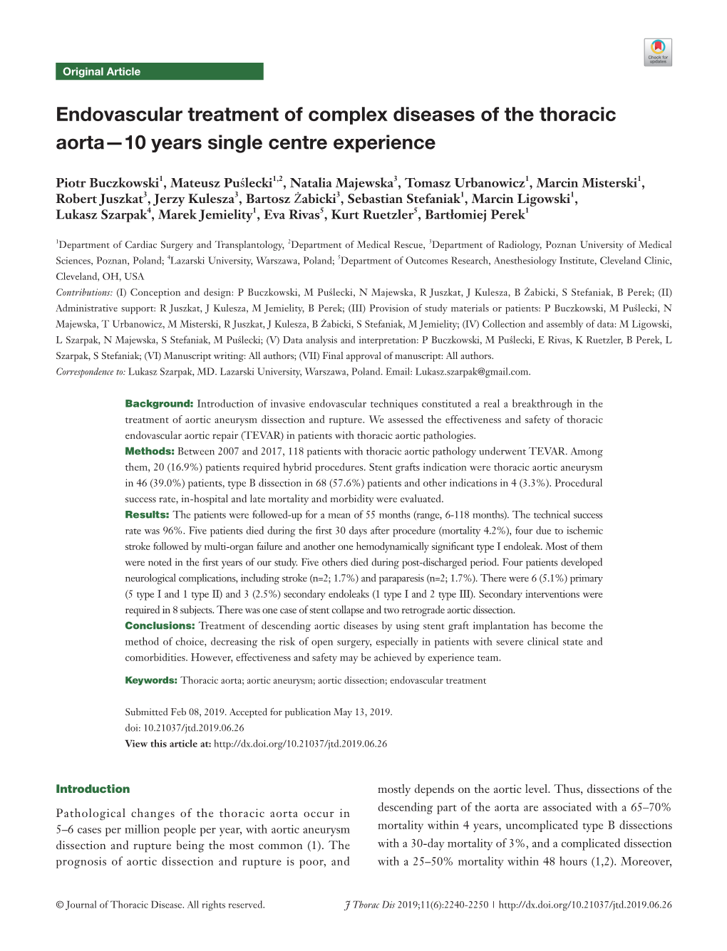 Endovascular Treatment of Complex Diseases of the Thoracic Aorta—10 Years Single Centre Experience