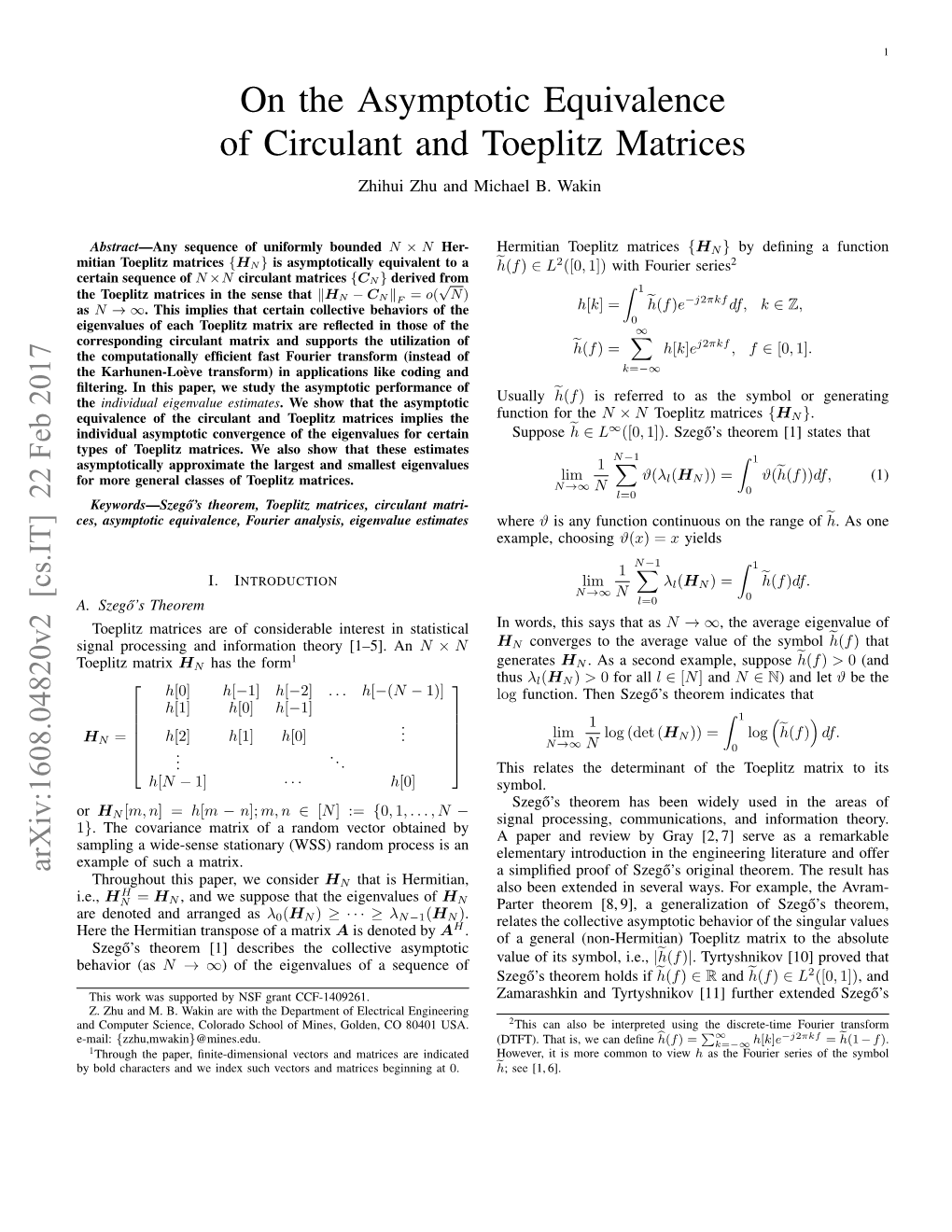 On the Asymptotic Equivalence of Circulant and Toeplitz Matrices Zhihui Zhu and Michael B