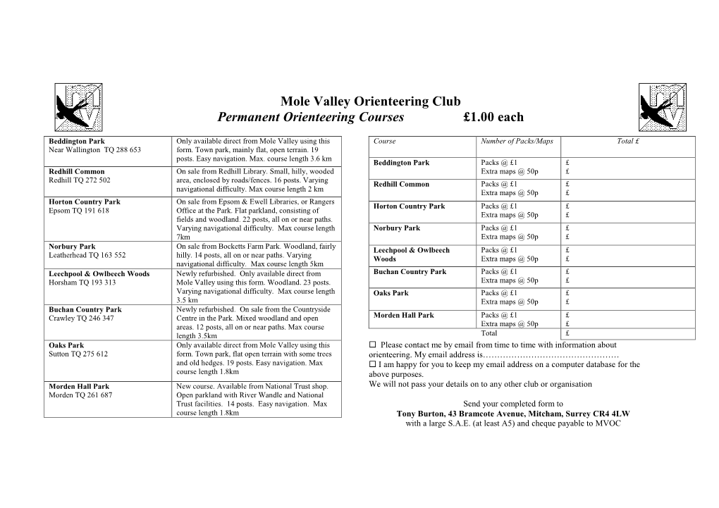 Mole Valley Orienteering Club Permanent Orienteering Courses £1.00 Each