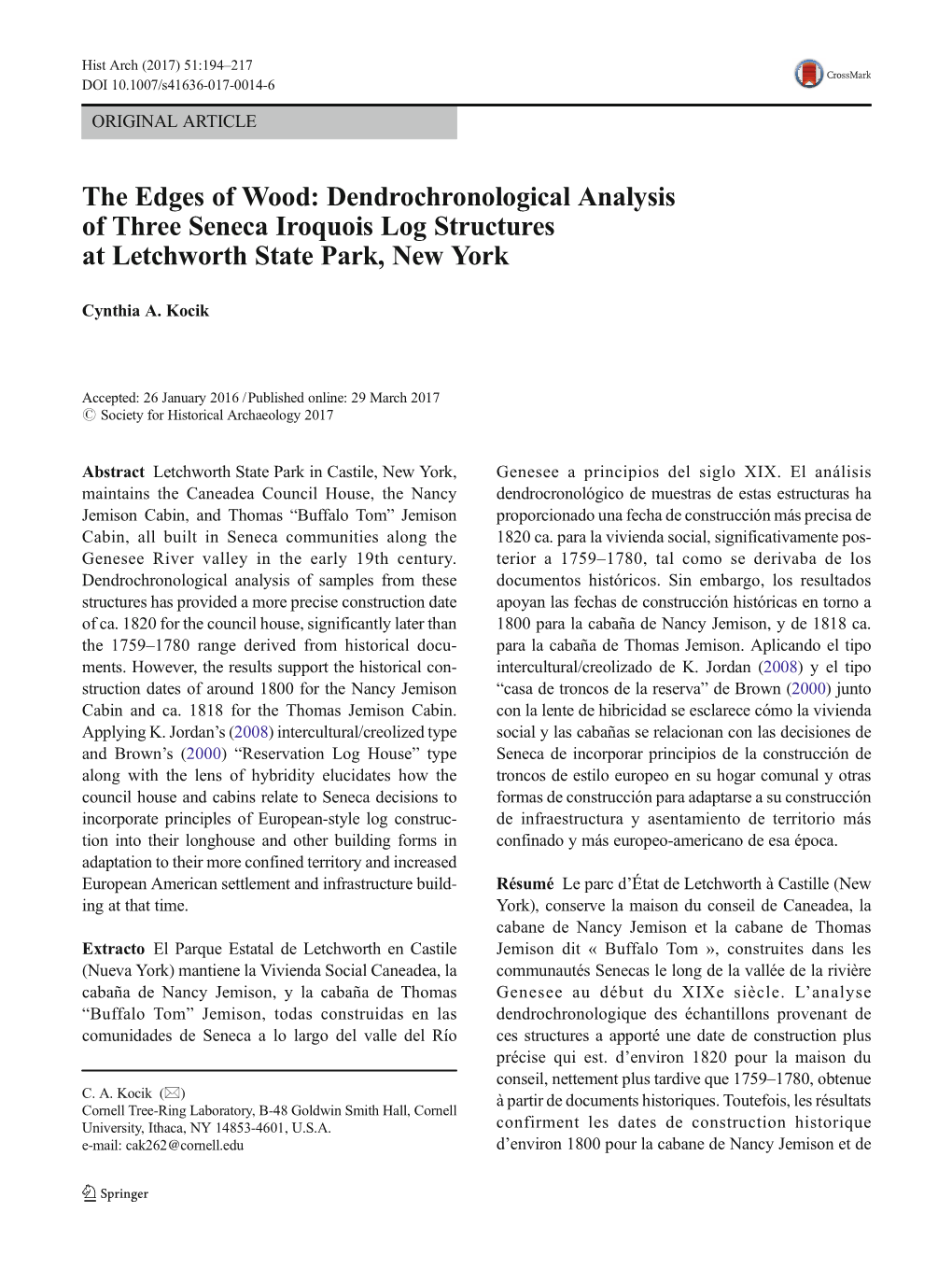 Dendrochronological Analysis of Three Seneca Iroquois Log Structures at Letchworth State Park, New York