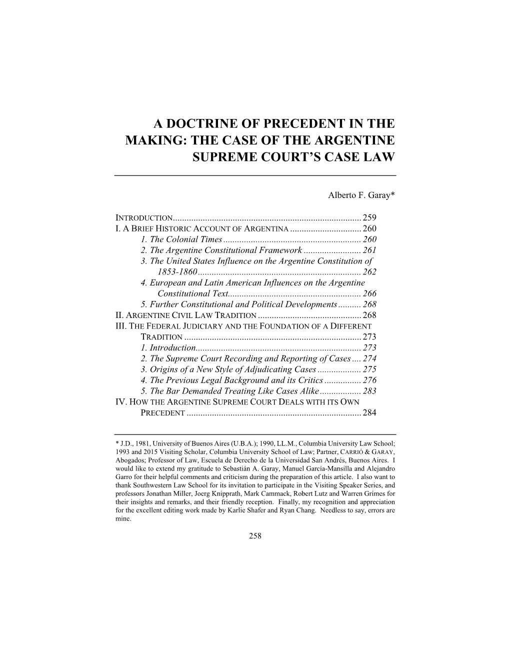 A Doctrine of Precedent in the Making: the Case of the Argentine Supreme Court’S Case Law