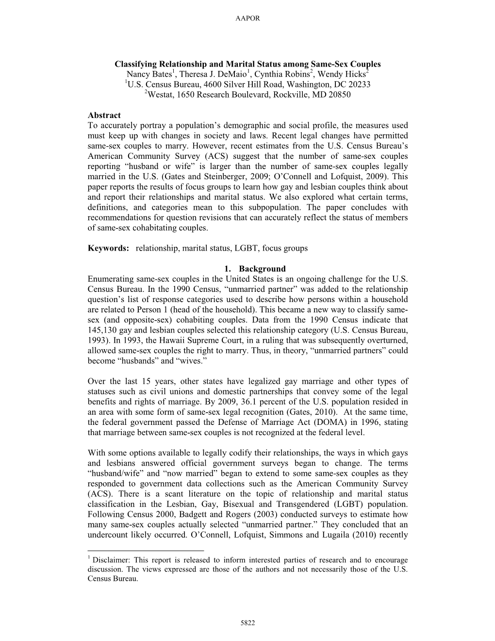 Classifying Relationship and Marital Status Among Same-Sex Couples Nancy Bates1, Theresa J